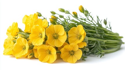 Bunch of yellow flax flowers with stems, isolated against a white background