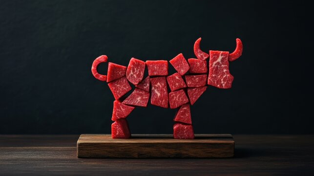 A cow outline crafted from raw beef cubes, placed on a dark wooden butcher block.
