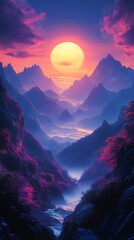 Vibrant Sunset Casting Warm Glow Over Majestic Mountains and Misty Valleys
