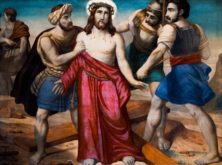 Painting (early 20th century) of The Way of the Cross. Tenth station: Jesus is stripped of his...