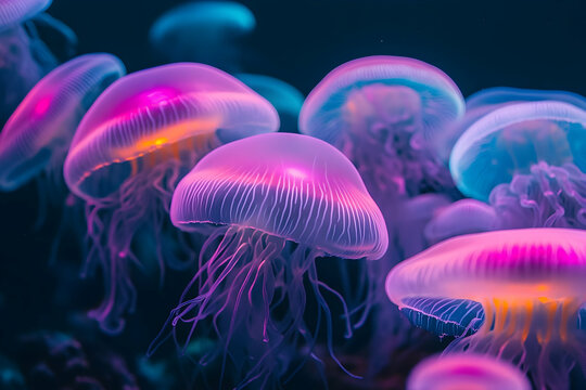 Beautiful collection of vibrant jellyfish swimming gracefully in water