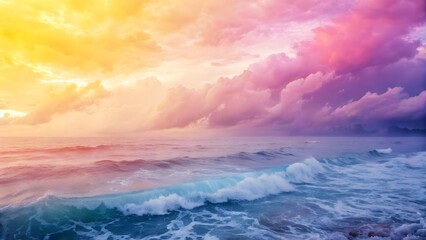 Fototapeta premium Vibrant ocean sunset with dramatic clouds and crashing waves, featuring a gradient sky transitioning from golden yellow to soft pink and deep purple hues over the water.