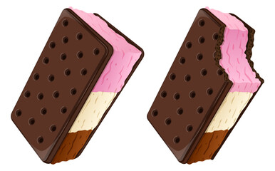 Neapolitan Ice Cream Sandwiches Bitten and Whole Version. Summer Frozen Sweet Crunchy Treat Vector Illustration