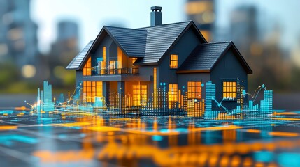 House model with glowing data visualizations and blurred city background