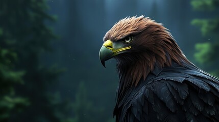Fototapeta premium A fierce-looking bald eagle, its head turned slightly, sharp focus on its features, dark blurred nature background.