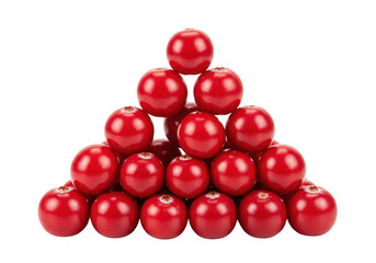 A stack of fresh whole cranberries with glossy red skin isolated on transparent background