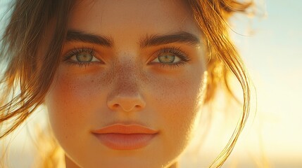 A young woman's face, freckles, green eyes, bright sun