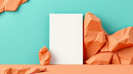 Fototapeta premium Orange colored geometric objects and blank paper against teal background