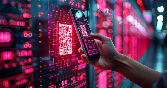 Close-up of a hand holding a smartphone, scanning a QR code, futuristic background with digital grids and holographic data displays, e-commerce and technology concept