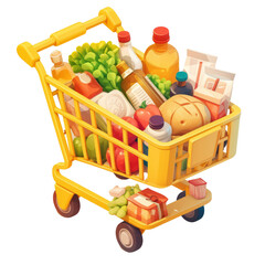 Grocery shopping cart illustration on a transparent background colorful food items vibrant environment