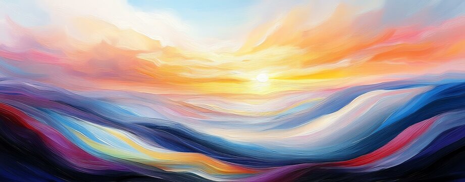 pastal wave A vibrant abstract landscape painting capturing the beauty of a sunset with rich colors and flowing shapes.