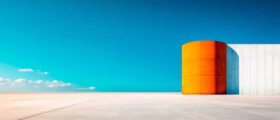 A modern architectural structure featuring a large orange cylinder against a bright blue sky and a minimalist gray wall.