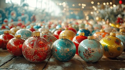 Christmas ornaments are scattered on a table