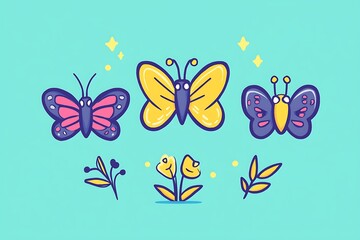 Colorful cartoon illustrations of butterflies and floral elements