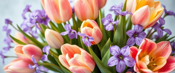 Obraz premium Pastel tulips and violets in a whimsical spring bouquet, flower arrangement, tulip flowers, detail