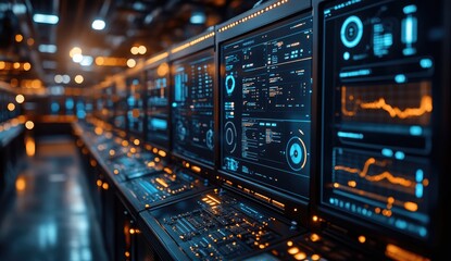 Futuristic Control Room with Illuminated Monitors Displaying Complex Data