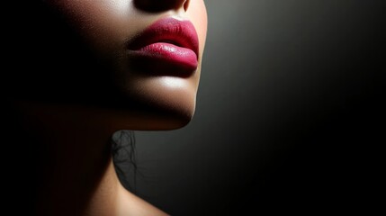 A model with bright pink lips, half-shadowed face, dramatic lighting, elegant minimalism.
