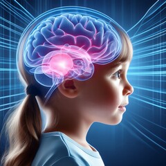 Child's profile with illuminated brain highlighting cognitive activity and potential in digital representation