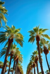 Serene California palms gently swaying under a vibrant blue sky, color, breeze, ocean