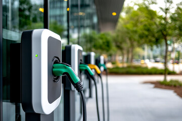 A modern electric vehicle charging station with multiple connectors set against a backdrop of greenery and contemporary architecture.