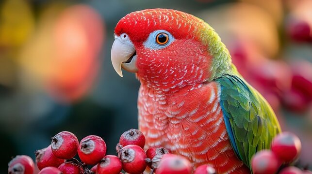Colorful parrot with red head and green feathers, perched on red berries - Powered by Adobe