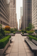 Walking pathway through urban park surrounded by skyscrapers in a bustling city, showcasing greenery and city life during a cloudy day