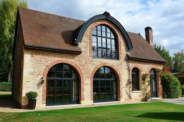 Fototapeta premium A delightful countryside home featuring elegant arched windows is beautifully set amidst vibrant greenery, all under the clear blue sky of a sunny day