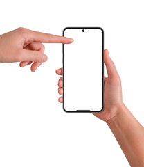 Hand using smartphone with blank screen isolated on transparent background.
