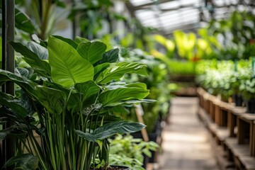 Lush greenery in sunlit greenhouse with vibrant plants and leafy foliage
