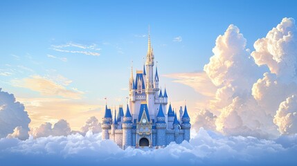 Naklejka premium A majestic fairytale palace castle with golden rooftops and intricate details, standing against a dreamy sunset sky.