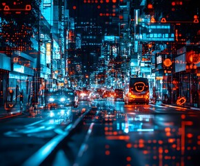 Fototapeta premium Cyber Cityscape: An immersive digital representation of a futuristic cityscape, alive with glowing neon lights and bustling traffic at night, showcasing the advanced tech landscape.
