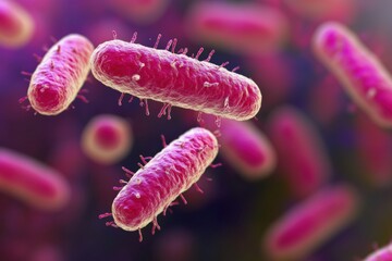 Fototapeta premium Close-up view of rod-shaped bacteria with flagella in vivid pink color