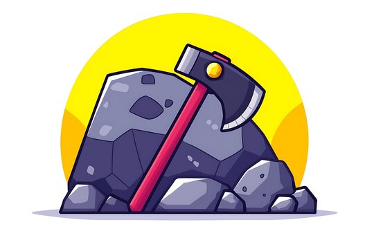 Cartoon illustration depicts an axe embedded in a large stone