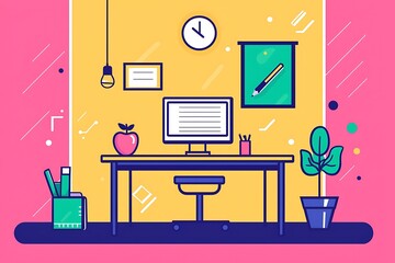 A stylized office workspace with computer and other office supplies
