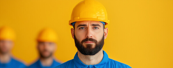 technician wearing yellow hard hat and blue shirt stands confidently against bright yellow background, showcasing professionalism and focus