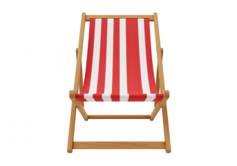 A classic beach deck chair with a wooden frame and red and white vertical striped fabric isolated on transparent background