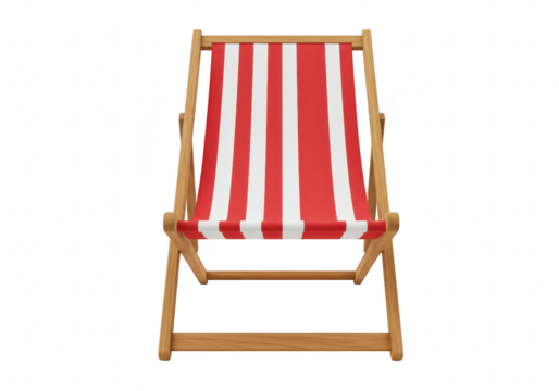 A classic beach deck chair with a wooden frame and red and white vertical striped fabric isolated on transparent background - Powered by Adobe