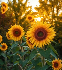 Obraz premium Sunflowers in full bloom against a backdrop of autumnal foliage and golden sunlight, sun, rustic