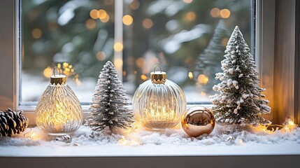 Christmas ornaments decorating snowy window sill with frosted fir tree and lights 