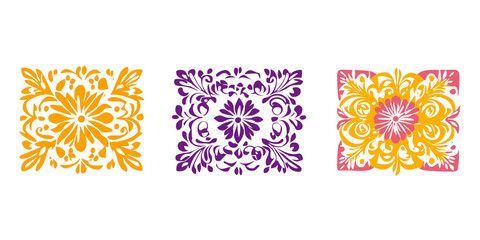 Colorful decorative cut out garland. Dia de los Muertos, Mexican Day of the Dead. Halloween festive paper bunting flags, papel picado. Isolated vector hand drawn graphic element. Birthday party decor