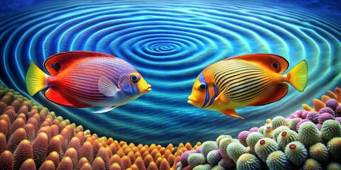 Fototapeta premium Colorful Fish Swimming in Vibrant Coral Reef with Ripple Effect