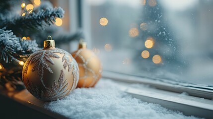 Christmas ornaments decorating snowy window sill with frosted fir tree and light
