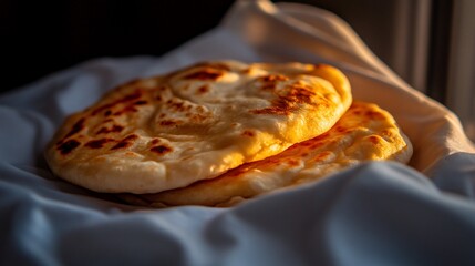 Artisan Naan Bread served on a white cloth: A delectable food photography