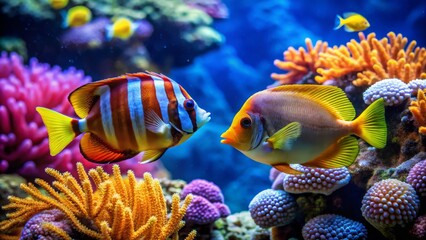 Obraz premium Colorful Tropical Fish Swimming Among Vibrant Coral Reef Ecosystem