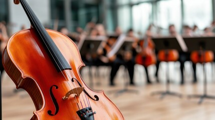 Orchestra music Concept, Instruments Prepared for Rehearsal in Spacious Auditorium with Musicians on Stage