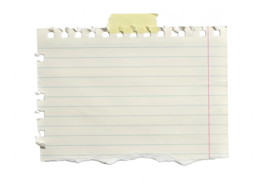 A piece of lined notebook paper with torn bottom and top edges isolated on transparent background