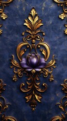 Ornate Golden Floral Design with Central Purple Lotus on Rich Blue Background