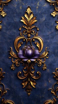 Ornate Golden Floral Design with Central Purple Lotus on Rich Blue Background