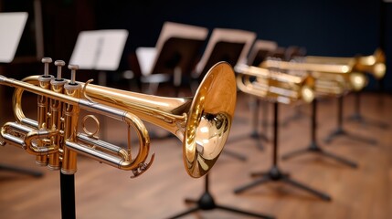 Fototapeta premium Orchestra music Concept, Brass Instruments Resting on Stands Displayed in a Music Rehearsal Space
