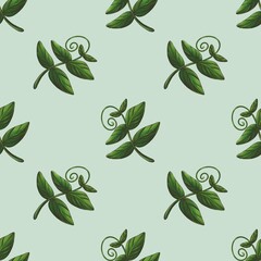 A seamless pattern featuring green leaves and curling tendrils on a light mint background. The design is vibrant and nature-inspired, perfect for textiles or wallpapers.